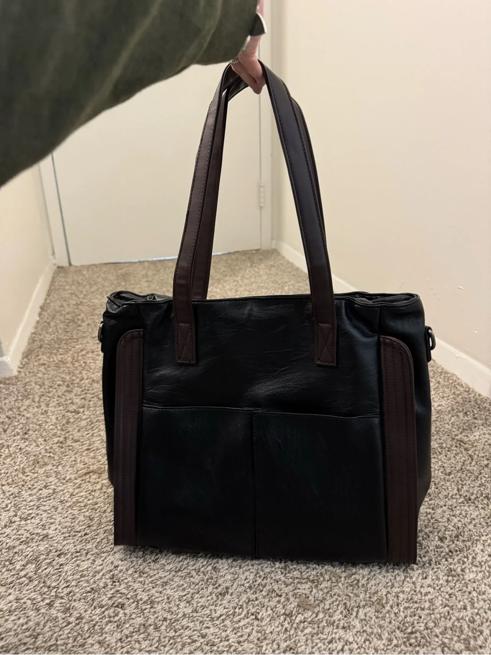 Structured Black Leather Tote with Detachable Strap